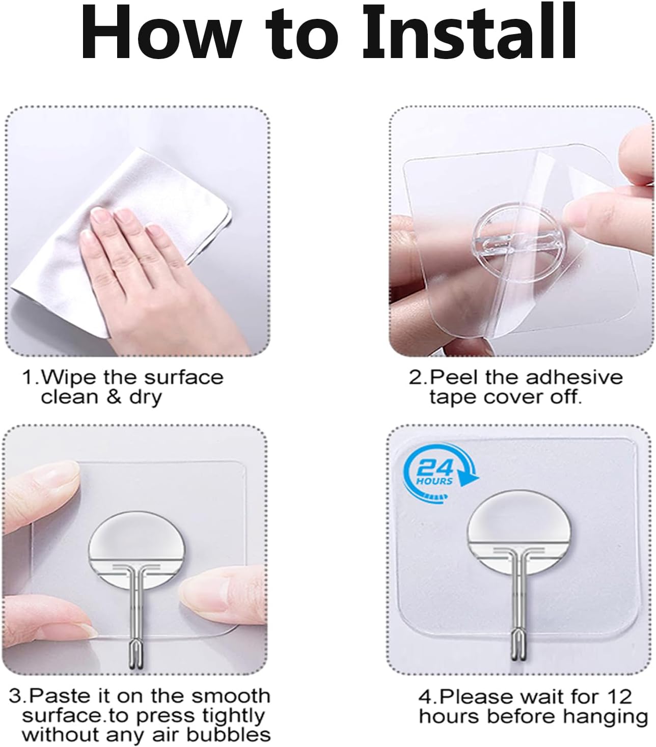 JINSHUNFA Adhesive Wall Hooks 13LB Heavy Duty No Drill Transparent Waterproof Hooks for Bathroom Kitchen Towel Coat 12 Pack - Image 6