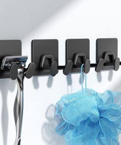 Adhesive Shower Hooks for Inside - Extra Sticky Stainless. Razor Holder Shower Accessories. Wall Mounted Self-Adhesive Double Hooks for Razor. Loofah. Towel. Shaver. Coat. Key. Matt Black. 4-Pack