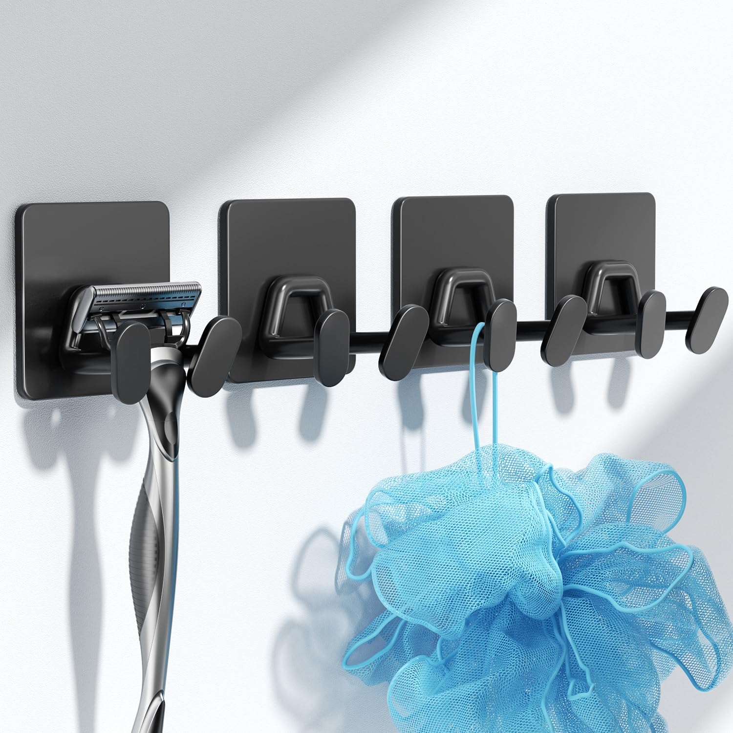 Adhesive Shower Hooks for Inside - Extra Sticky Stainless. Razor Holder Shower Accessories. Wall Mounted Self-Adhesive Double Hooks for Razor. Loofah. Towel. Shaver. Coat. Key. Matt Black. 4-Pack
