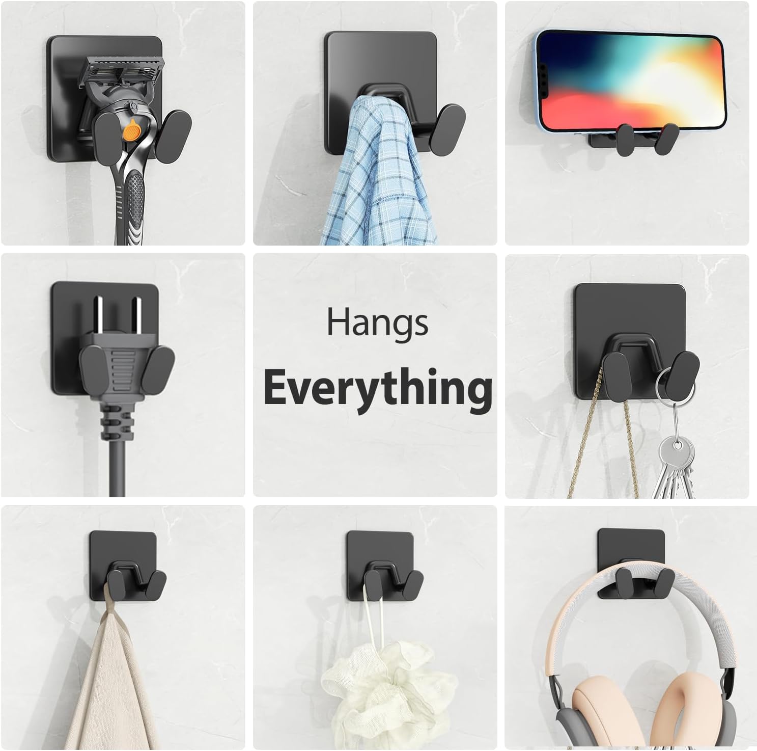 Adhesive Shower Hooks for Inside - Extra Sticky Stainless. Razor Holder Shower Accessories. Wall Mounted Self-Adhesive Double Hooks for Razor. Loofah. Towel. Shaver. Coat. Key. Matt Black. 4-Pack - Image 5
