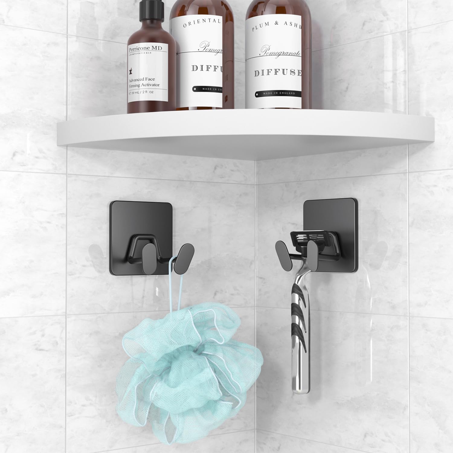 Adhesive Shower Hooks for Inside - Extra Sticky Stainless. Razor Holder Shower Accessories. Wall Mounted Self-Adhesive Double Hooks for Razor. Loofah. Towel. Shaver. Coat. Key. Matt Black. 4-Pack - Image 3