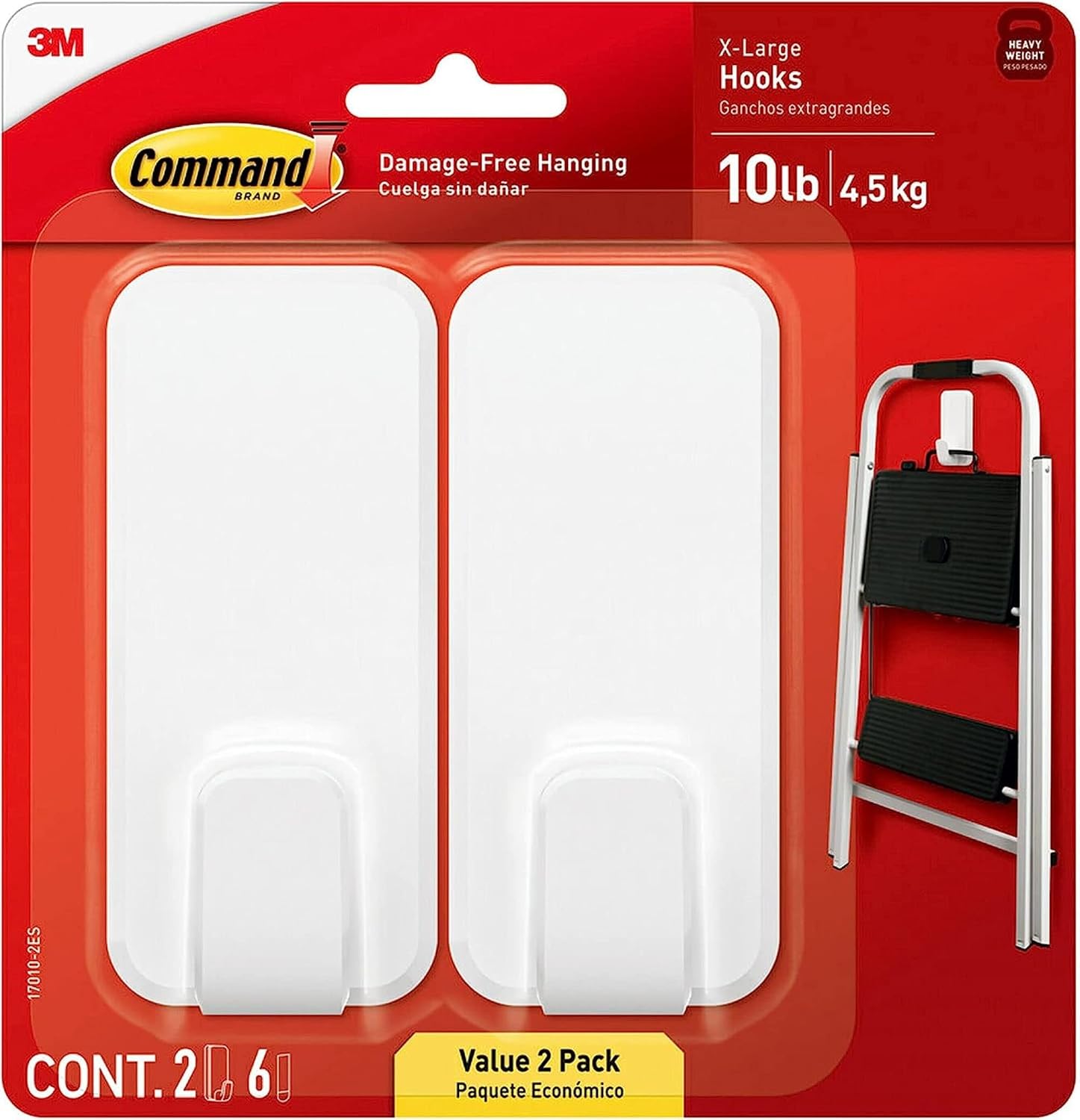 Command 10 lb XL Heavyweight Hook. 2 Wall Hooks and 6 Strips. Damage-Free Hanging with Adhesive. Heavy Duty Hanging Great for Back to School Dorm Organizers