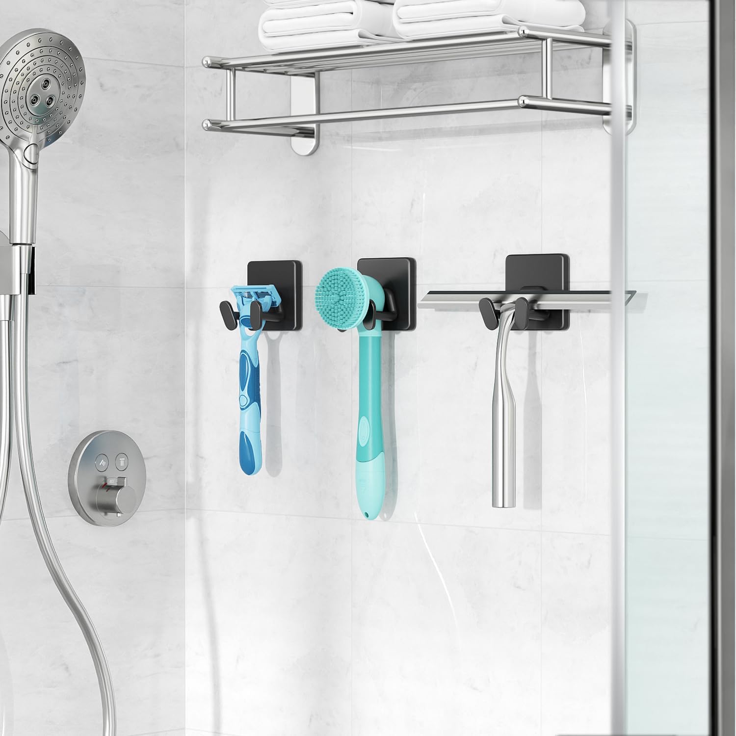 Adhesive Shower Hooks for Inside - Extra Sticky Stainless. Razor Holder Shower Accessories. Wall Mounted Self-Adhesive Double Hooks for Razor. Loofah. Towel. Shaver. Coat. Key. Matt Black. 4-Pack - Image 6